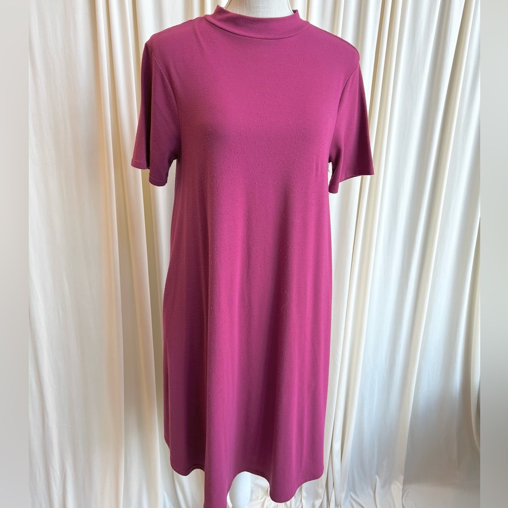 Magenta Mock Neck Tshirt Dress with Pockets - Medium